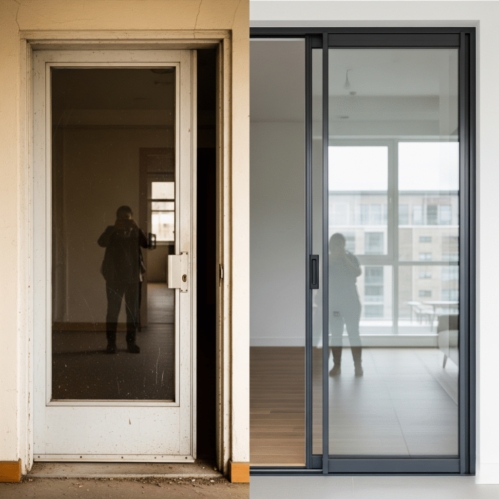 Old sliding door vs. new modern glass door.