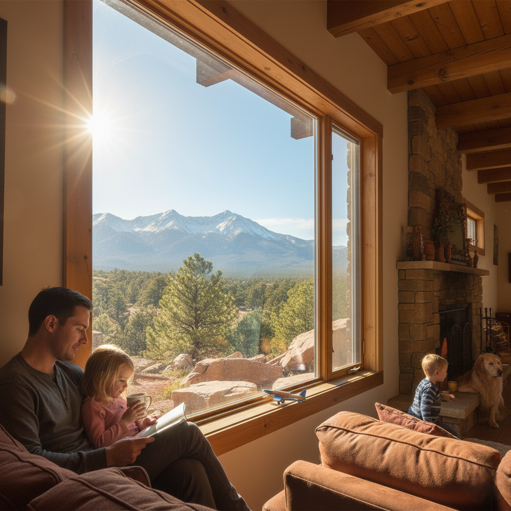 A family relaxing in a bright living room with freshly repaired, clean windows.