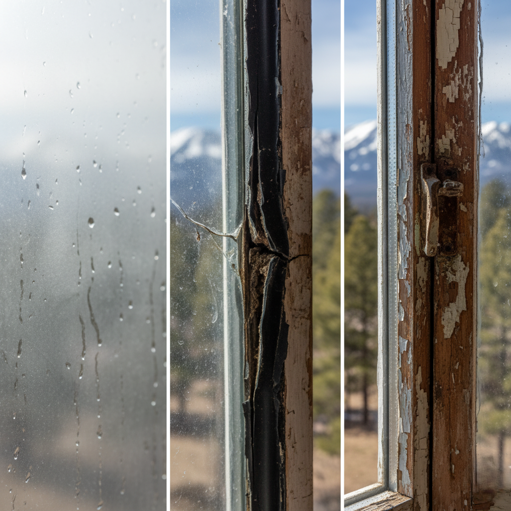 Close up shots of foggy glass, cracked seals, and damaged window frames.