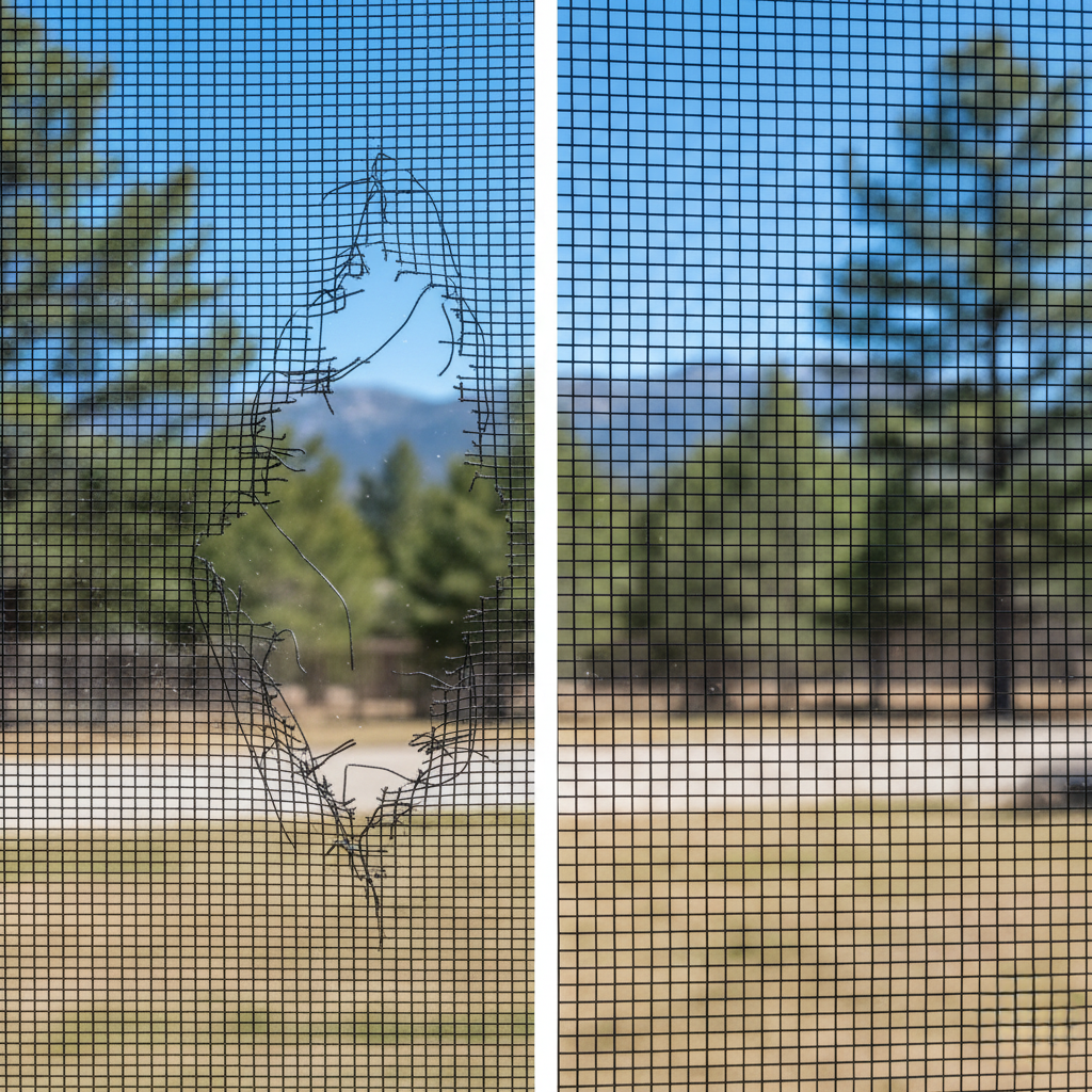 Pet resistant mesh compared to a torn standard screen.