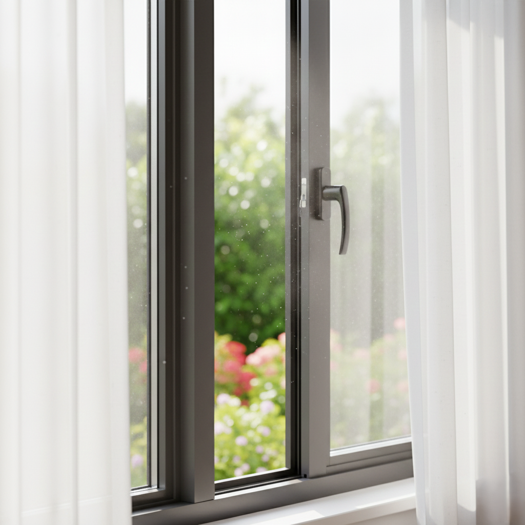 Close up of a casement window opened outward, showing fresh air circulating into the home.