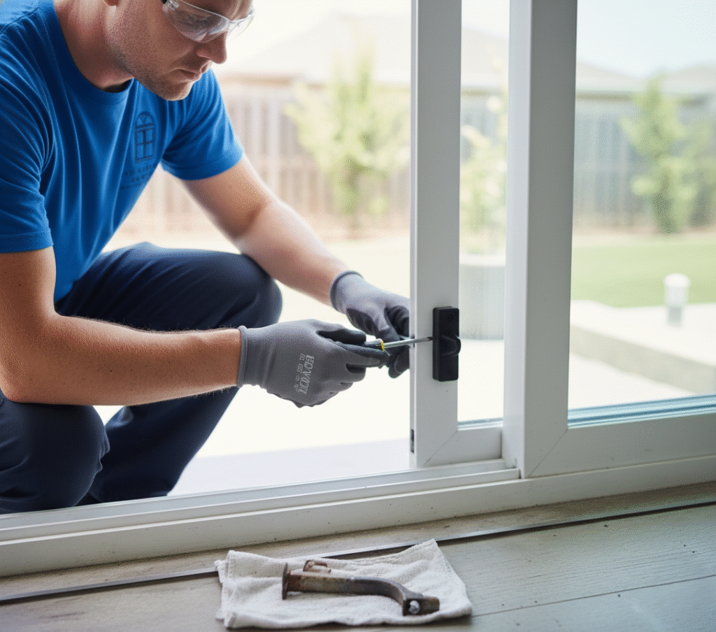 Close up of a technician replacing a broken sliding door handle.