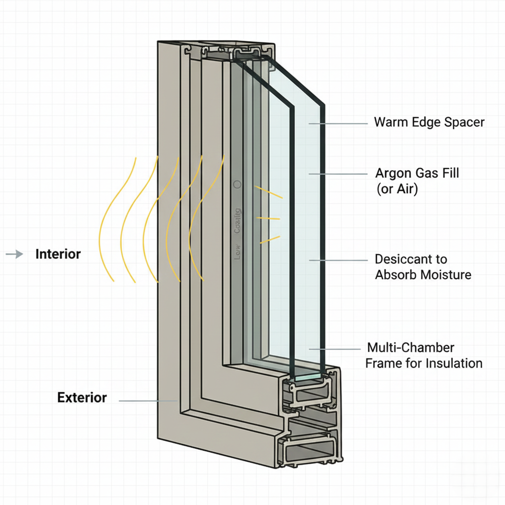 Cross section diagram showing the layers inside an insulated double pane window.