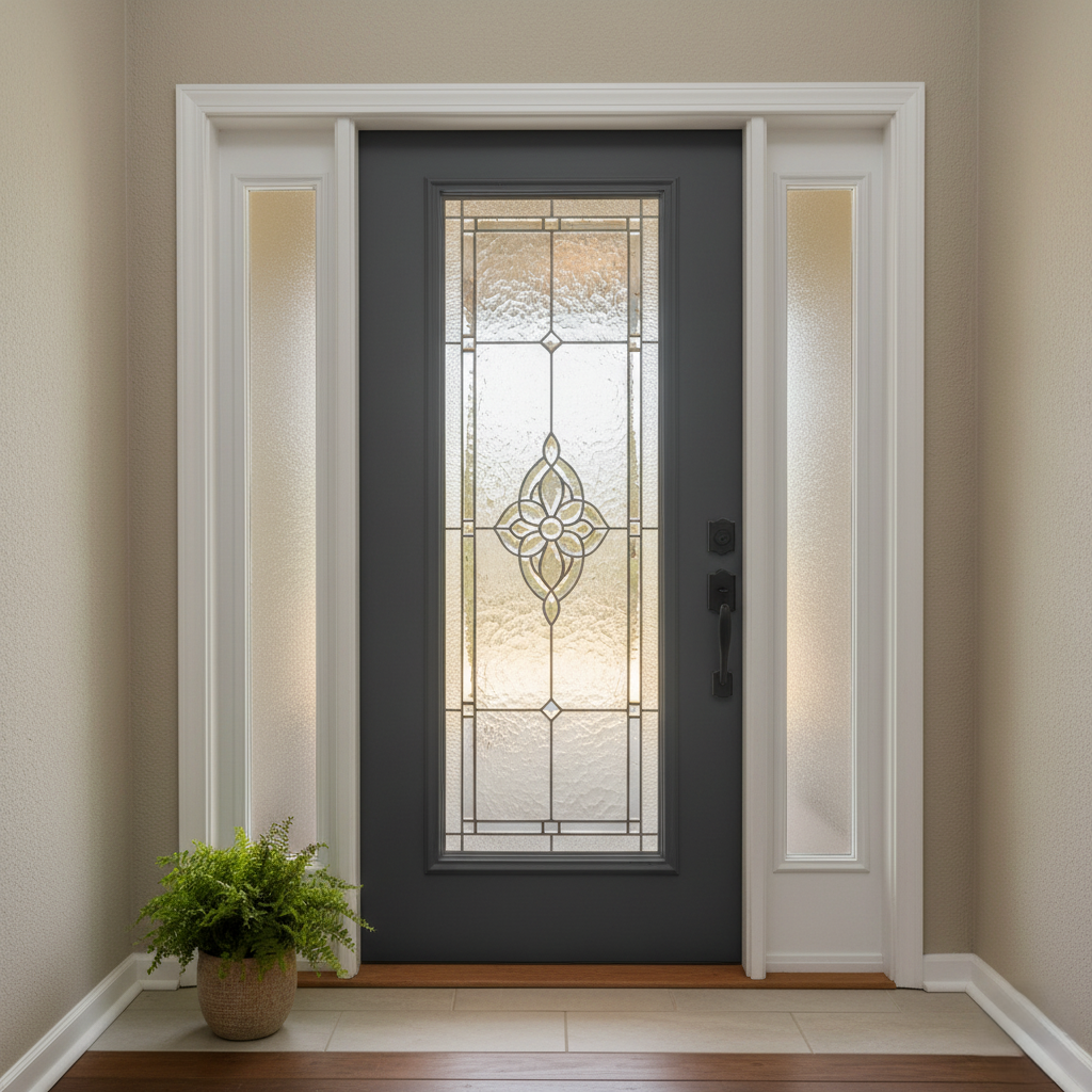 Fiberglass front door with decorative glass panel.