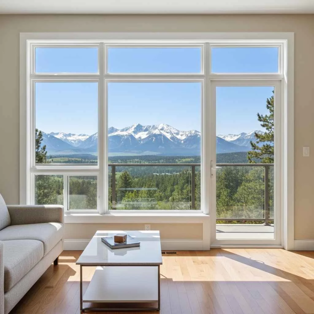 beautiful new windows with mountain scenery visible outside