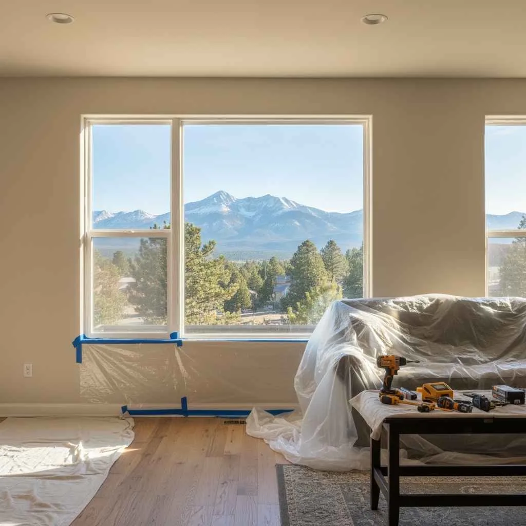 drop cloths and protective coverings laid around interior window area