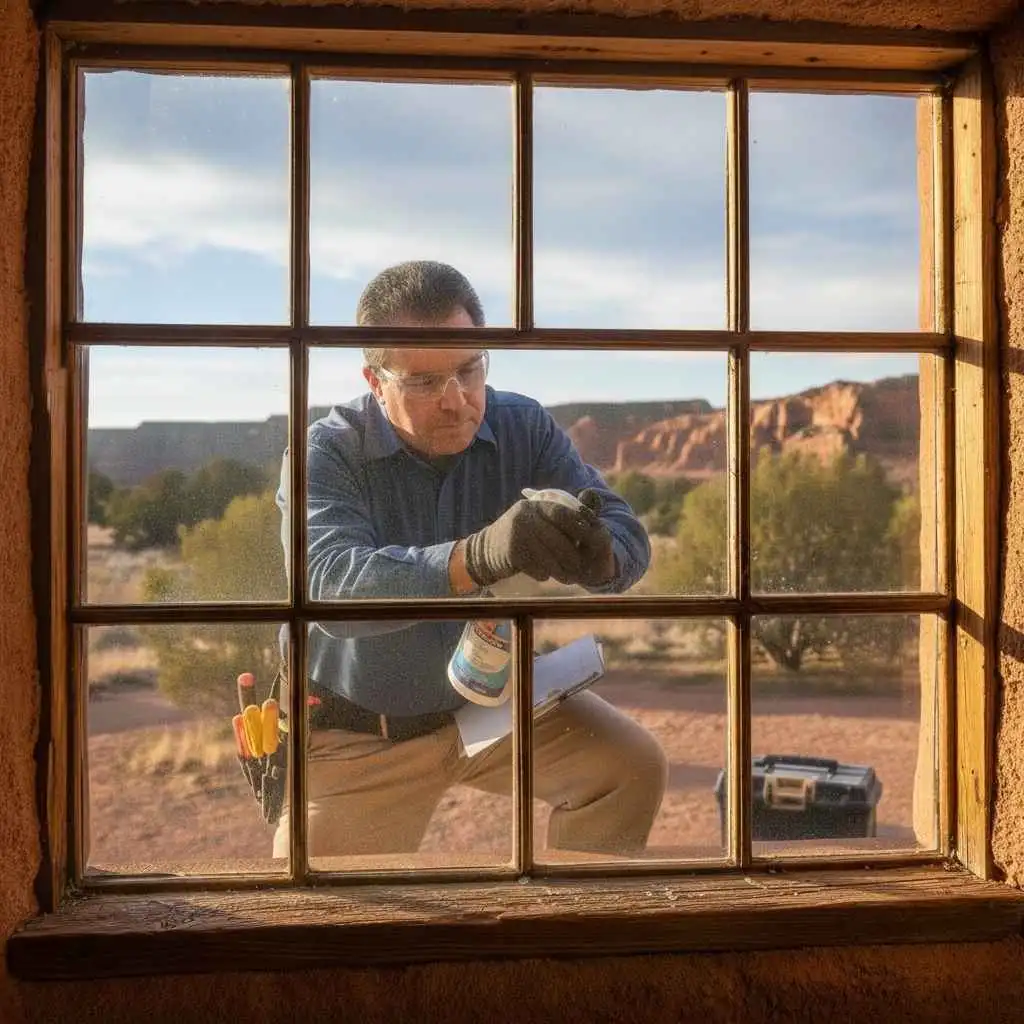 Professional inspecting window glass condition in Southern Colorado