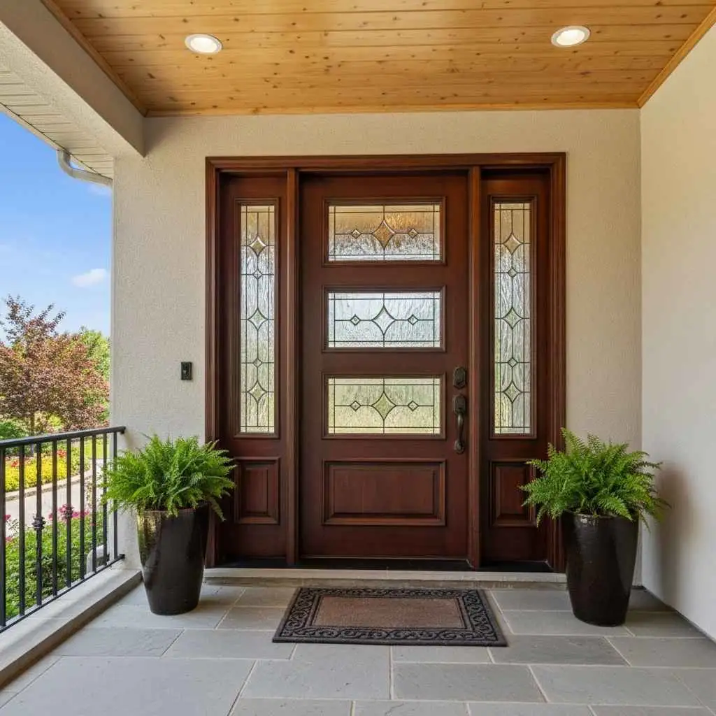 attractive entry door with decorative glass and clean front porch