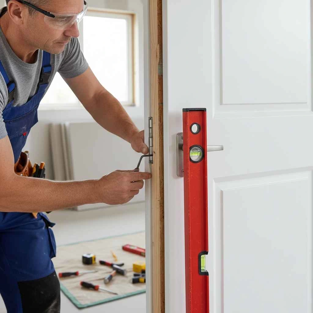 technician adjusting hinges and leveling a new door during installation