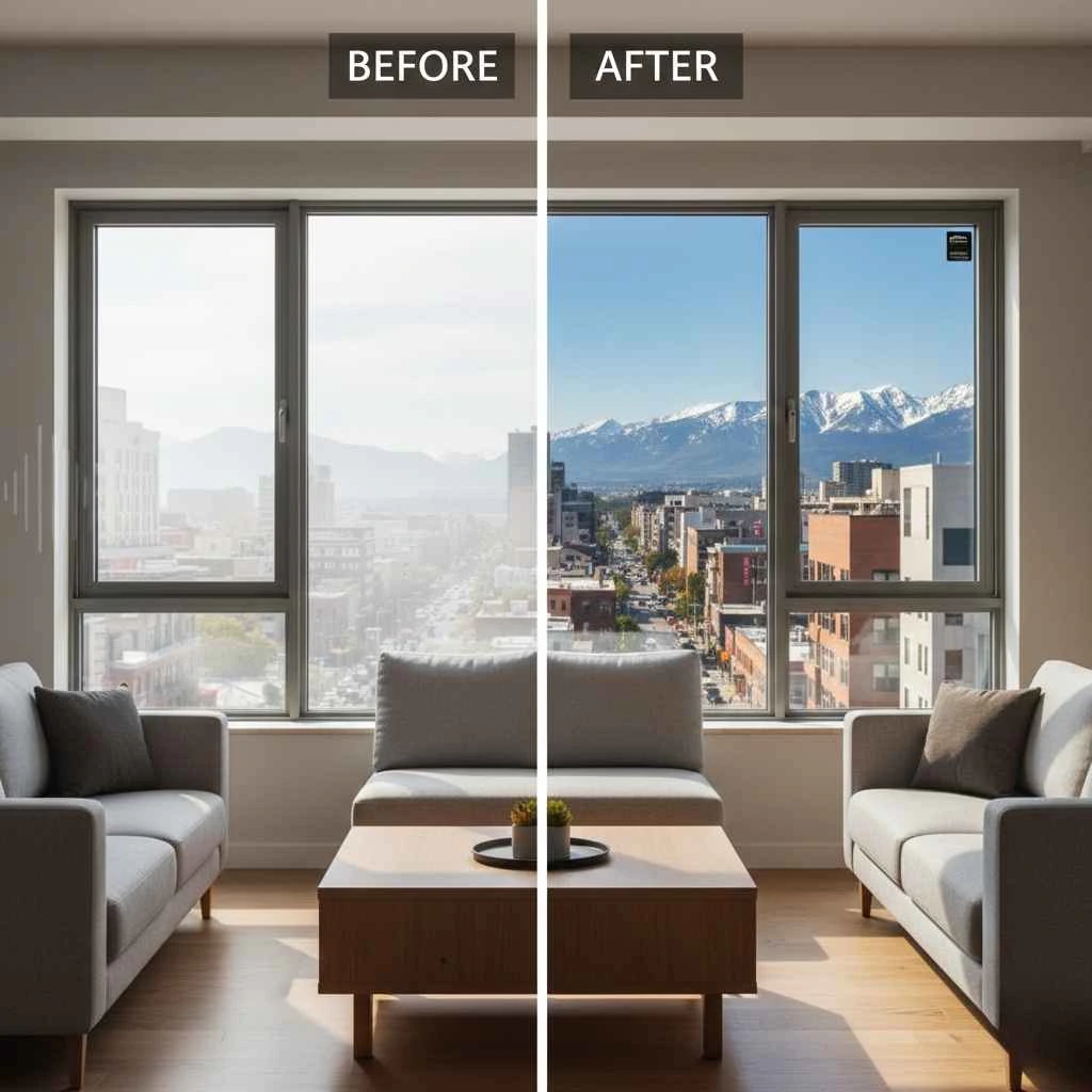 beforeafter image of a living room with standard vs acoustic windows