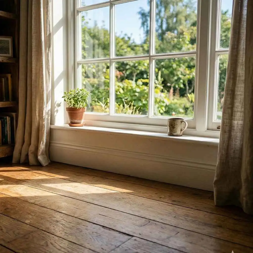 sunlight fading hardwood floor near window