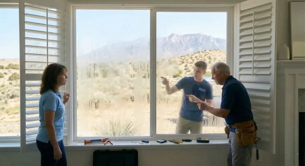 home windows showing condensation between glass panes.