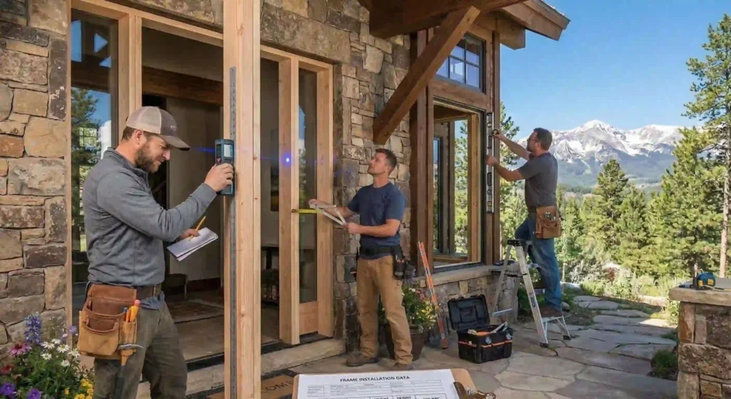 technician measuring a front door frame for installation.