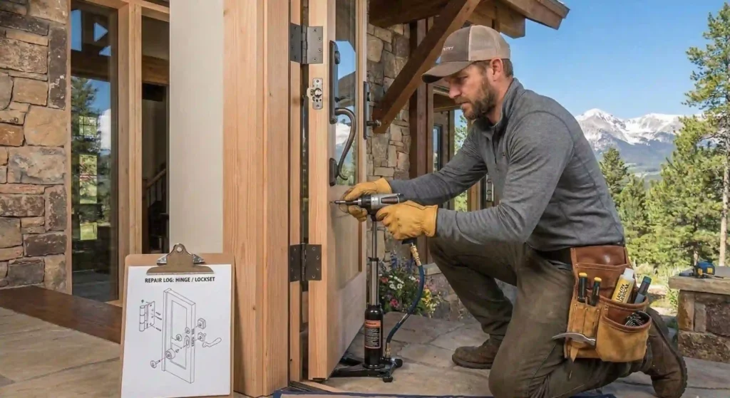 technician repairing door hinges or lock hardware.