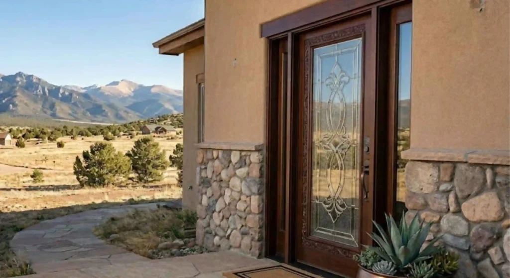 decorative entry door with glass panels and sidelights
