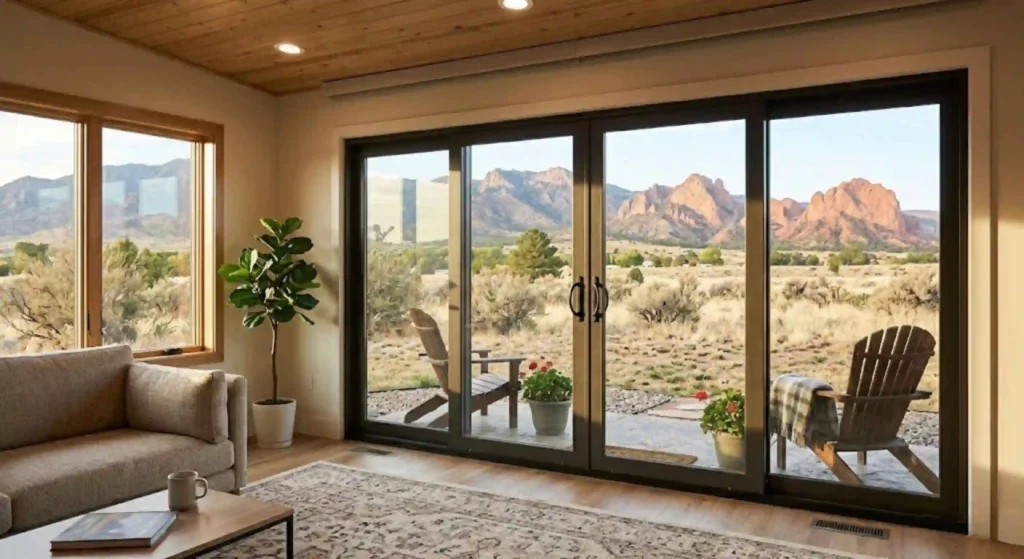 Modern patio door installed in Canon City living room with natural lighting