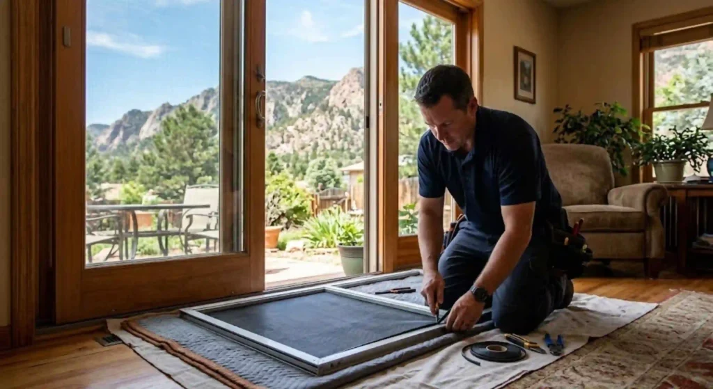 sliding patio screen door being professionally repaired in a Canon City home.