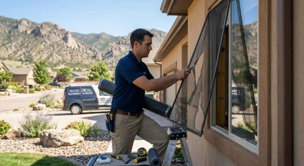 technician replacing damaged window screens on a Canon City home.