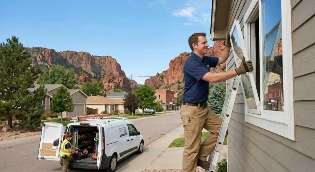 Technician replacing window glass during repair in Canon City