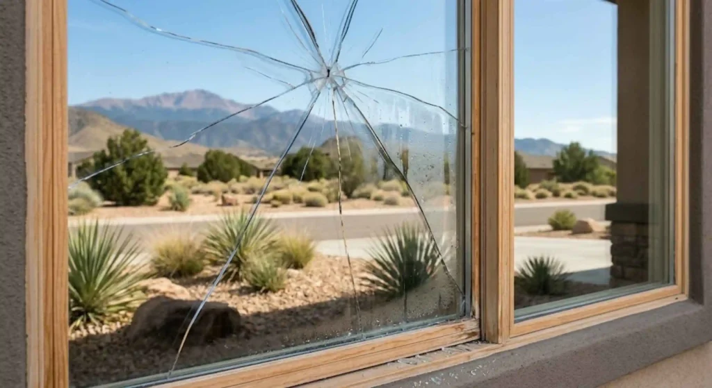 Close up of damaged insulated window glass before repair in Pueblo West